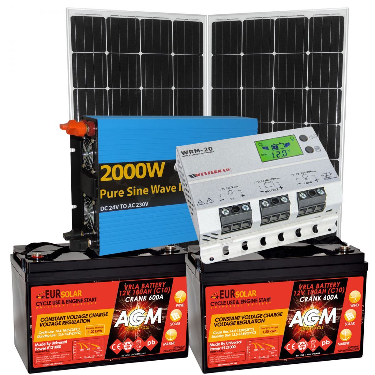 300W 24V Solar Panel Kit with AGM 100Ah Batteries 2000W Inverter MPPT 15A Charger Boating Camper